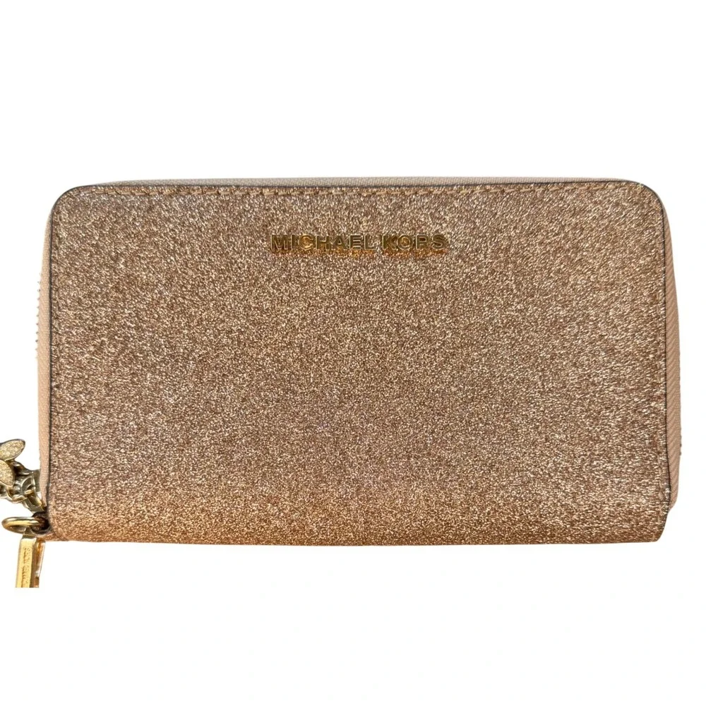 Michael Kors Wallet Rose Gold Glitter Zip Around Continental Wristlet Large Glam
